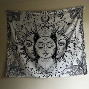Celestial Sun and Moon Tapestry - Black and White